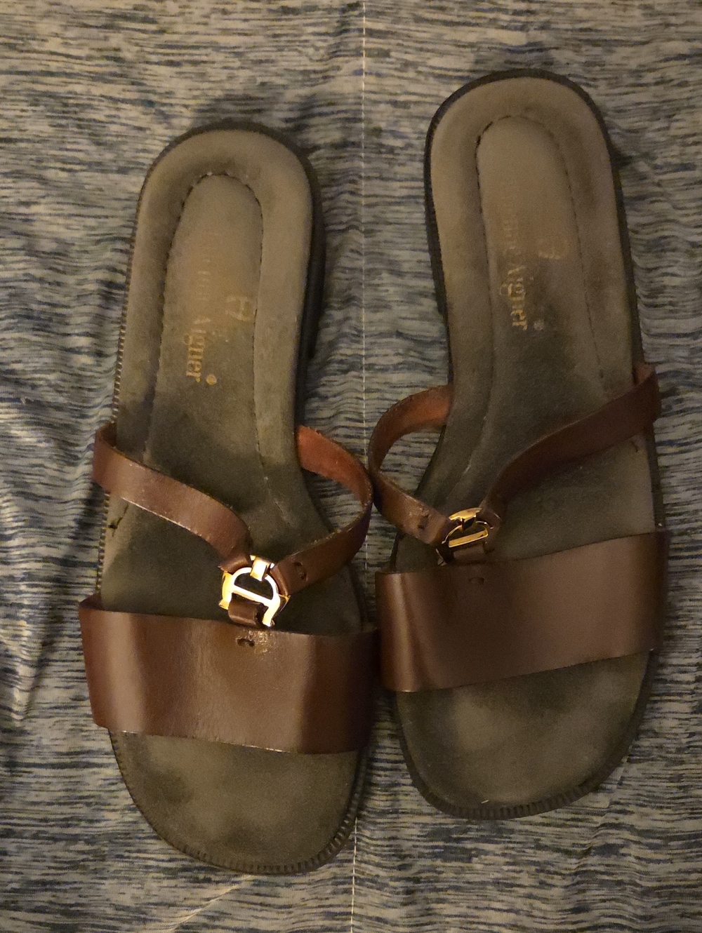 Vintage Etienne Aigner Brown Leather Slide Sandals Gold Logo Women's Size 7